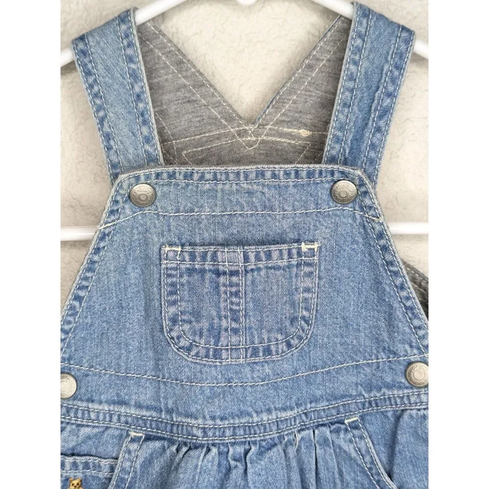 Vintage Baby Gap Y2K Denim Jumper Overall Dress Sz 3-6 Mos Teddy Bear Logo Lined